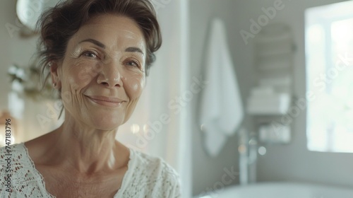 Free Download Smiling woman in bathroom with white towel and tub. - GFXLoad