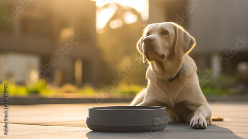 Hund sitzt bzw liegt vor einem Silikon Fressnapf Generative AI