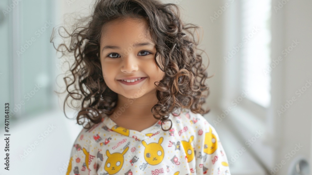 A young girl with curly hair smiling broadly wearing a white shirt adorned with playful yellow and red cartoon faces. A young girl with curly hair smiling broadly wearing a white shirt adorned with playful yellow and red cartoon faces.