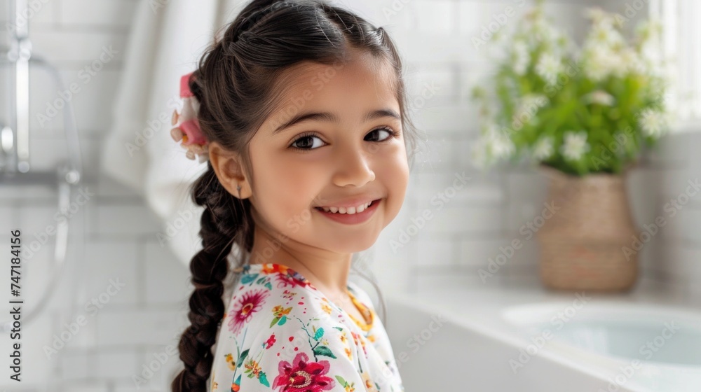Smiling young girl with braided hair wearing a floral print top standing in a bathroom with white tiles and a potted plant. Smiling young girl with braided hair wearing a floral print top standing in a bathroom with white tiles and a potted plant.