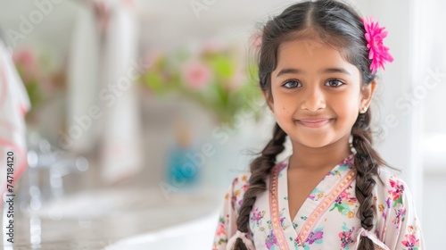 Young girl with a pink flower in her hair smiling at the camera wearing a white and pink floral dress standing in a room with blurred flowers in the background.