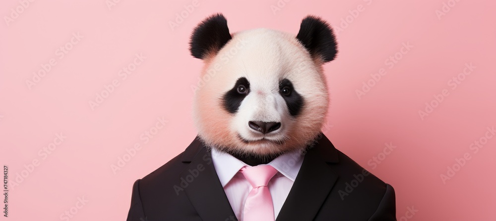 Friendly anthropomorphic panda in business suit at corporate workplace studio for text placement - obrazy, fototapety, plakaty 
