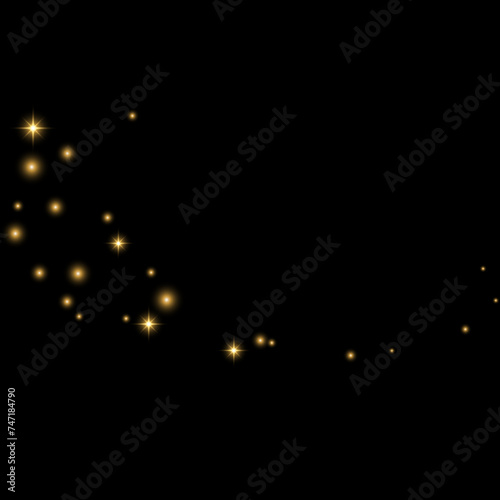 Gold Glitter Stars. Luxury Shiny Confetti. Scattered little sparkle. Flash glow silver element. Random magic tiny light. Hexagon stellar fall black background. New Year, Christmas Vector illustration.