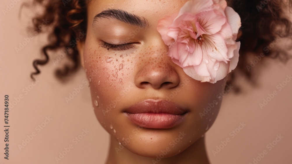 A close-up of a person with closed eyes adorned with a single pink flower resting on the eyelid set against a soft pinkish-beige background with subtle water droplets on the skin creating a serene
