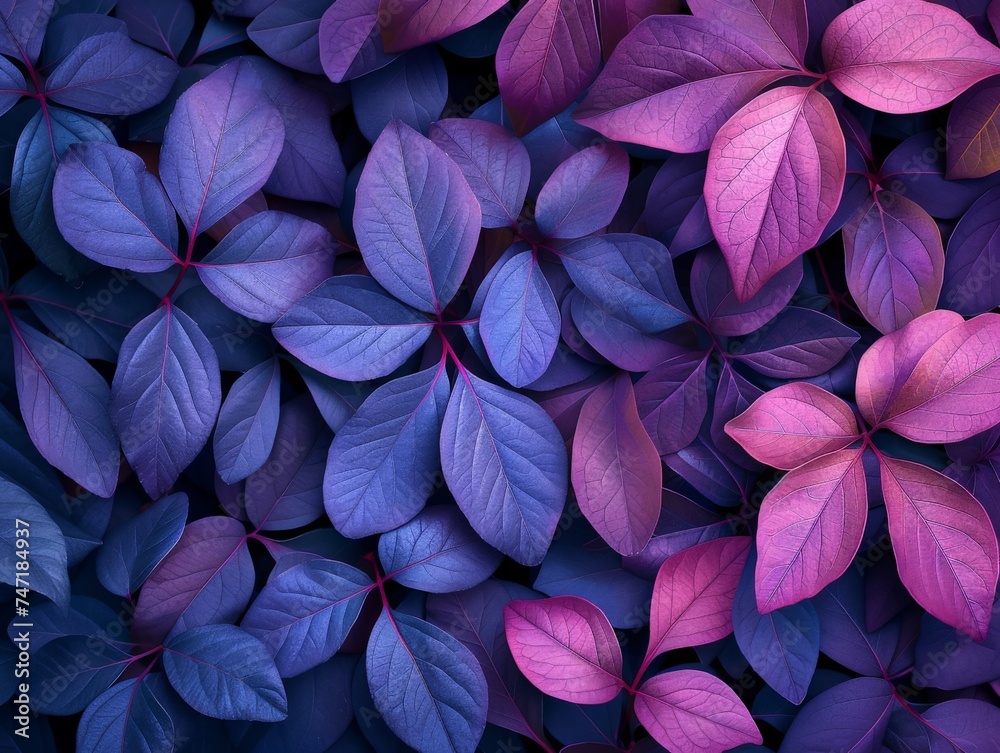 Close up of vibrant purple and blue leaves on a dark background creating a striking botanical contrast