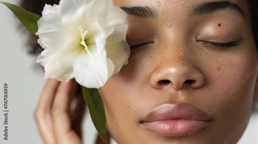 A close-up of a woman's face with closed eyes a serene expression and a white flower resting on her eyelid set against a soft-focus background. A close-up of a woman's face with closed eyes a serene expression and a white flower resting on her eyelid set against a soft-focus background.