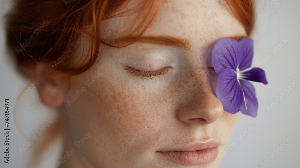 A serene portrait of a woman with closed eyes freckles and a single purple flower resting on her eyelid evoking a sense of tranquility and beauty. - obrazy, fototapety, plakaty 