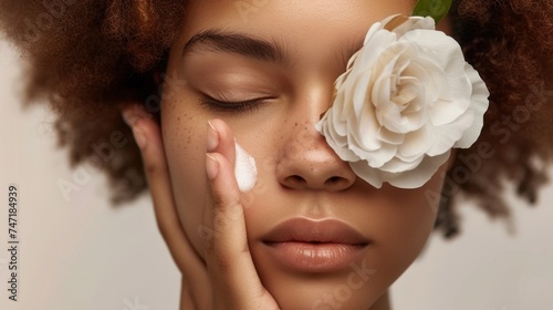 A serene portrait of a person with closed eyes applying a white substance to their face with a delicate white flower resting on their eyelid set against a soft-focus background. photo