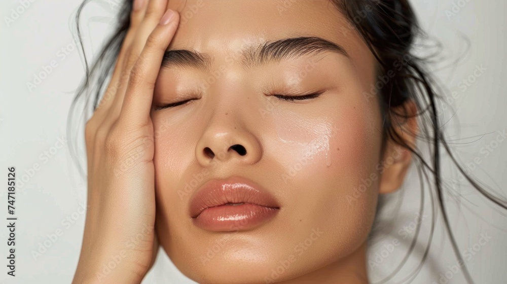 A close-up of a woman's face with closed eyes her hand resting on her forehead and a glossy lip. A close-up of a woman's face with closed eyes her hand resting on her forehead and a glossy lip.