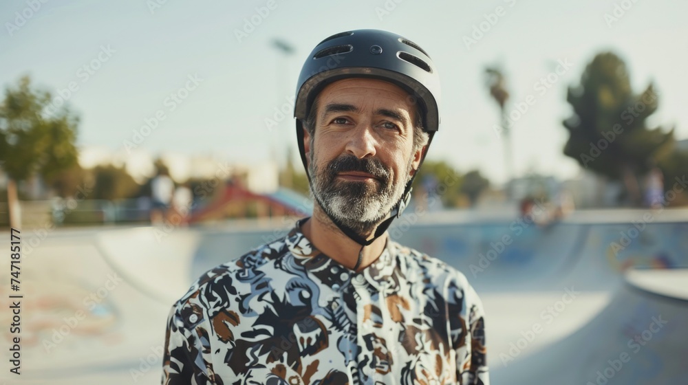 Man with gray beard and mustache wearing a black helmet standing in a skate park with a colorful background. Man with gray beard and mustache wearing a black helmet standing in a skate park with a colorful background.