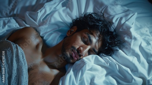A man with dark hair and a beard lying shirtless on his side resting his head on a white pillow with a soft-focus background suggesting a relaxed intimate setting.