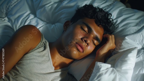 A young man with curly hair, wearing a gray tank top, peacefully sleeping on a white bed with his head resting on a pillow.
