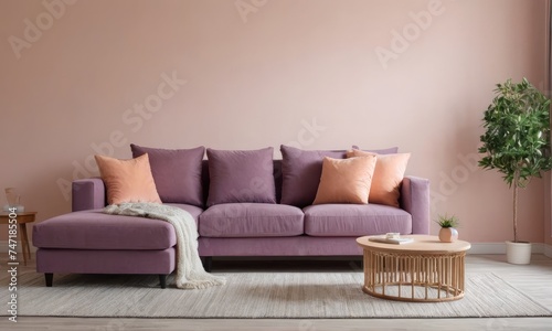 Stylish scandinavian living room interior with design purple sofa, plant, furnitures. Home decor. Interior design.Mock up.
