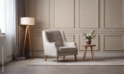 Stylish scandinavian living room interior with design grey armchair, plant, and light. Home decor. Interior design