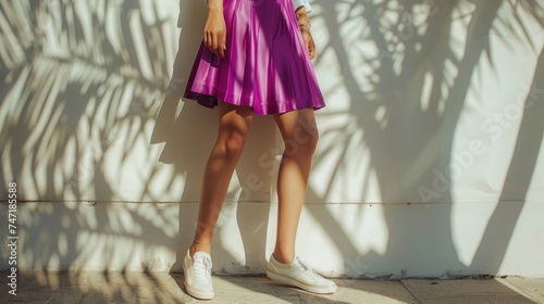 A woman standing against a wall with palm tree shadows wearing a vibrant pink dress and white sneakers.