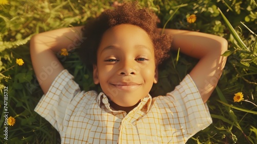 A young child with curly hair wearing a yellow and white checkered shirt lying on grass with a smile surrounded by yellow flowers.