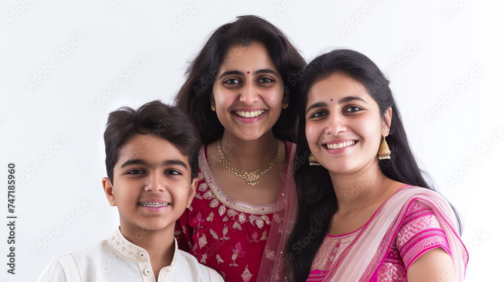 Indian mother and son poses for mother's day on white background Indian mother and son poses for mother's day on white background