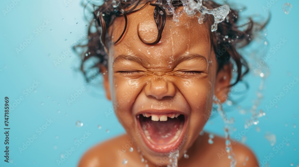 A joyful child with closed eyes smiling broadly and water splashing around their face.