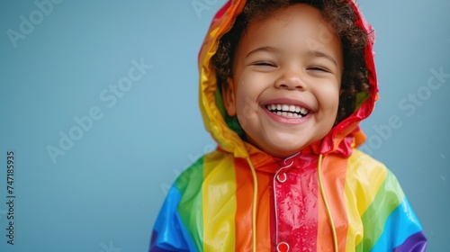 A joyful child with curly hair wearing a colorful rainbow raincoat with a hood smiling brightly against a blue background.