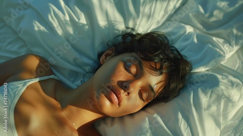 A woman with closed eyes wearing a white tank top lying on a white bed with soft shadows and sunlight filtering through.