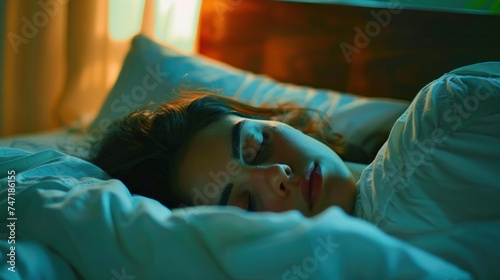 A woman with dark hair wearing makeup sleeping peacefully on a bed with white sheets and a blue pillow illuminated by soft warm light.