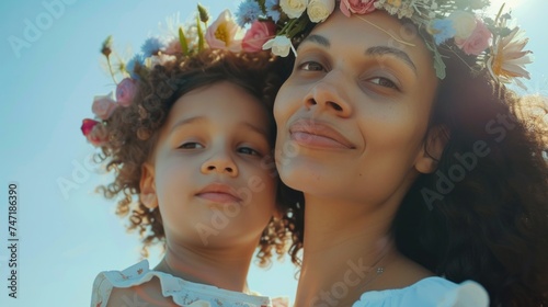 A mother and daughter wearing floral crowns sharing a tender moment against a bright sky.