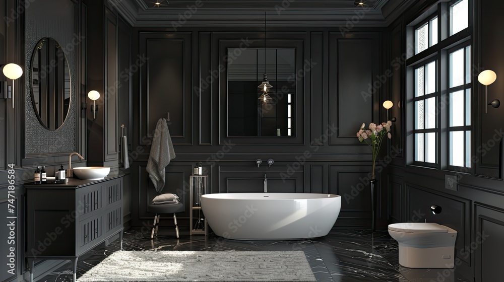a contemporary bathroom adorned with New England decor, to highlight the sleek design elements against the backdrop of dark walls, creating a striking contrast and evoking a sense of opulence.
