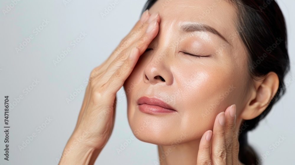 A woman with closed eyes massaging her face with both hands showcasing a sense of relaxation or self-care. A woman with closed eyes massaging her face with both hands showcasing a sense of relaxation or self-care.