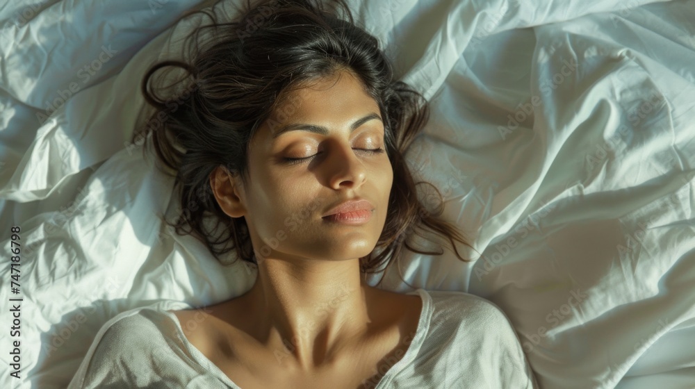 A woman with closed eyes lying on her back resting on a white bed with rumpled sheets suggesting a peaceful and relaxed state. A woman with closed eyes lying on her back resting on a white bed with rumpled sheets suggesting a peaceful and relaxed state.