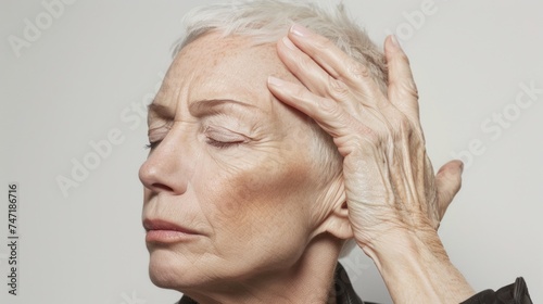 An elderly woman with closed eyes resting her hand on her forehead conveying a sense of contemplation or tiredness. photo