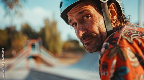 An older man with a beard and mustache wearing a colorful shirt and a blue helmet looking to his right with a slight smile standing at a skate park with a ramp in the background.