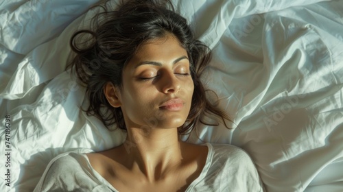 A woman with closed eyes lying on her back resting on a white bed with rumpled sheets suggesting a peaceful and relaxed state.