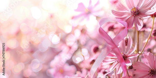 Pink ribbon breast cancer symbol on beautiful background, free space for text, banner
