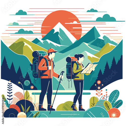  illustration of man and woman hiking together, vector