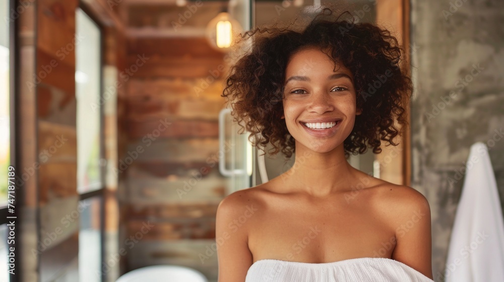 Smiling woman with curly hair wearing white wrap standing in a room with wooden walls and a window. Smiling woman with curly hair wearing white wrap standing in a room with wooden walls and a window.