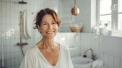 A woman with a radiant smile standing in a modern bathroom with white tiles and a copper pendant light looking directly at the camera.