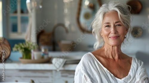 A woman with silver hair wearing a white blouse smiling in a brightly lit kitchen with a window and decorative items in the background.