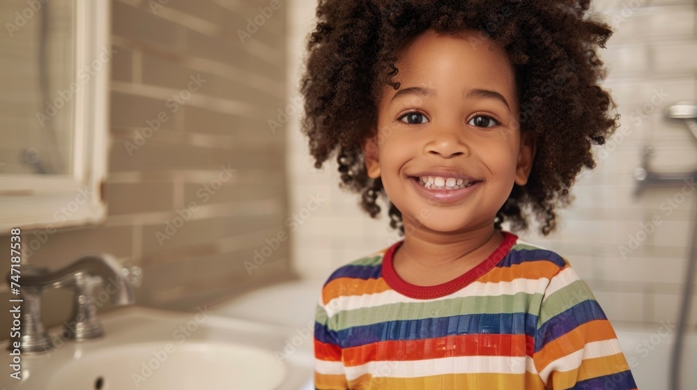 Smiling child with curly hair wearing colorful striped shirt standing in front of bathroom sink. Smiling child with curly hair wearing colorful striped shirt standing in front of bathroom sink.