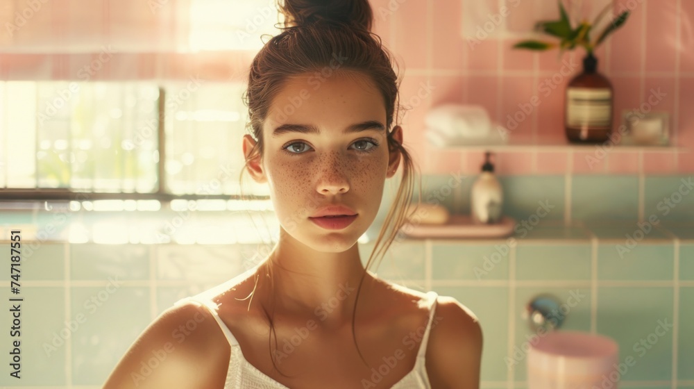 A young woman with freckles and blue eyes wearing a white tank top standing in a bathroom with pink tiles and a window. A young woman with freckles and blue eyes wearing a white tank top standing in a bathroom with pink tiles and a window.