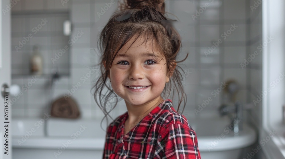 Young girl with a smile wearing a red plaid shirt standing in a bathroom with white tiled walls and a bathtub. Young girl with a smile wearing a red plaid shirt standing in a bathroom with white tiled walls and a bathtub.