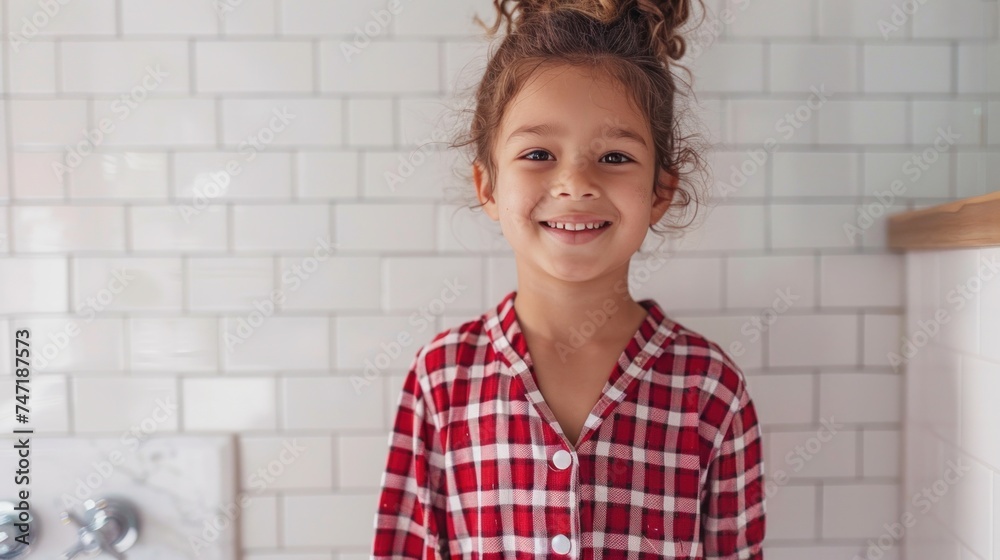 Young girl with curly hair smiling wearing red and white checkered pajamas standing in a white tiled bathroom with a wooden shelf in the background. Young girl with curly hair smiling wearing red and white checkered pajamas standing in a white tiled bathroom with a wooden shelf in the background.