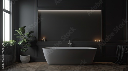 a contemporary bathroom adorned with New England decor, to highlight the sleek design elements against the backdrop of dark walls, creating a striking contrast and evoking a sense of opulence.