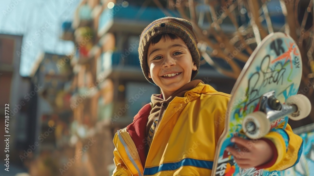 Young boy with a big smile, wearing a yellow jacket and a brown hat, holding a colorful skateboard with graffiti designs. Young boy with a big smile, wearing a yellow jacket and a brown hat, holding a colorful skateboard with graffiti designs.