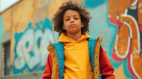 Young child with curly hair wearing a vibrant yellow hoodie and a colorful jacket standing in front of a graffiti-covered wall.