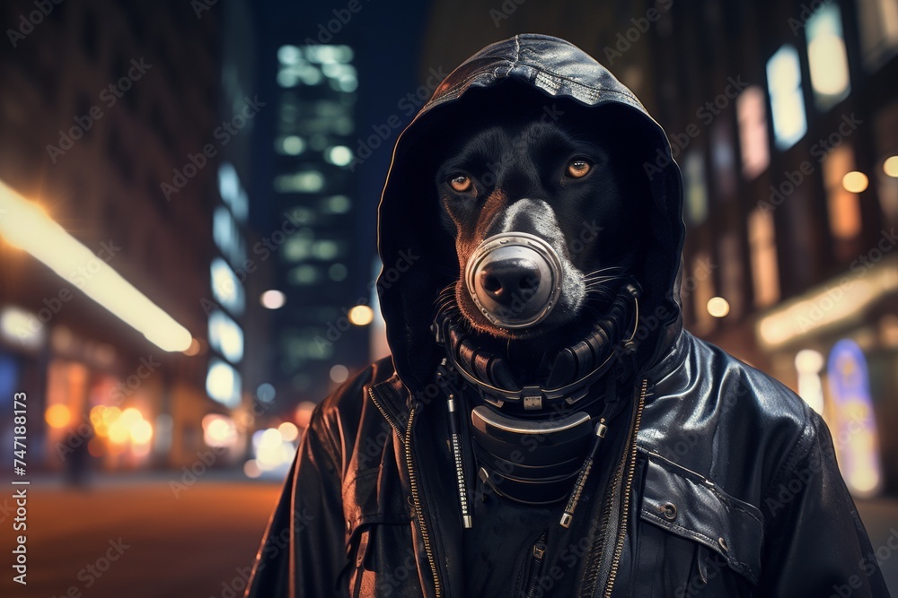 cool dog in black cyberpunk style outfit at night city with lights. Creative urban illustration for barbershop, grooming salon, cyber punk clothes second hand store. 