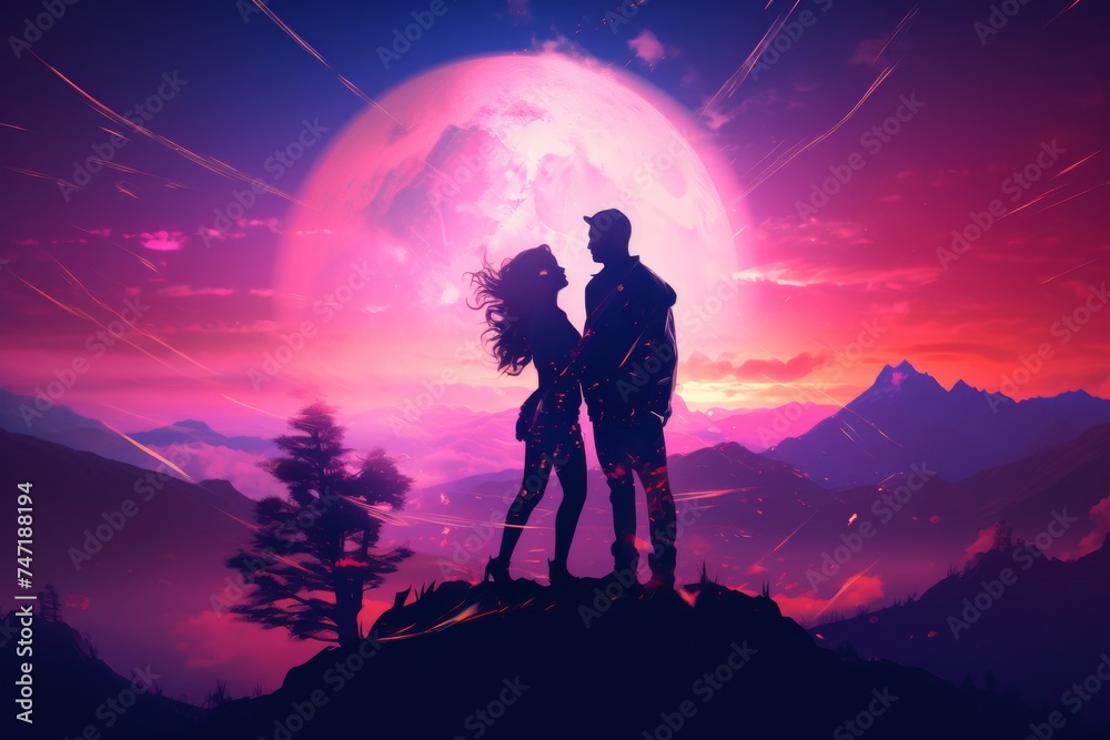 silhouette of couple at sunset in the mountains in pink purple neon color and holographic image of moon. Love and romantic relationships synthwave style. Party flyer template.