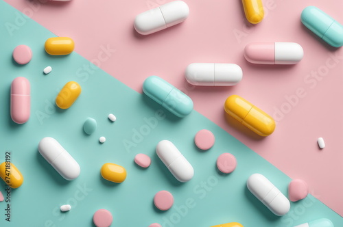 Assorted Medication Pills on Colorful Background