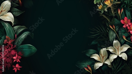 frame with tropical flowers and plants leaves copy space center dark green black background. Thai beauty, spa and massage place flyer template banner. 