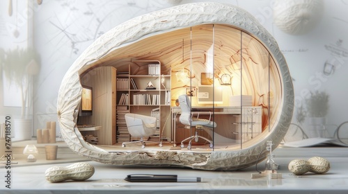 a tiny, cozy office nestled within the confines of an opened peanut shell, plenty of empty space surrounding the miniature workspace, providing ample room for text or captions.
