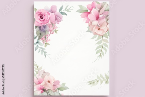 beautiful spring pastel floral wreath frame watercolor illustration. Wedding flowers or engagement party template copy space center. Painting class hobby. 